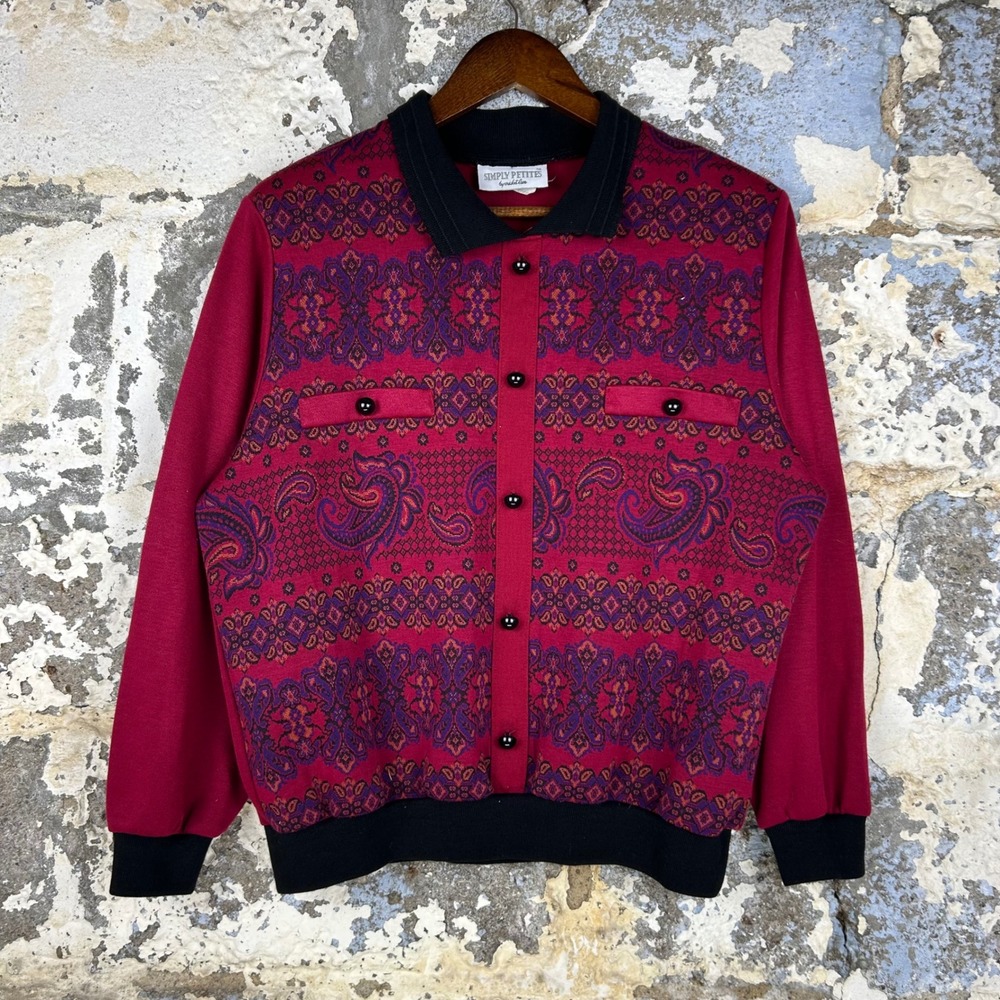 Vintage 80's Simply Petites Cricket Lane Knit Top Red Paisley Womens Medium